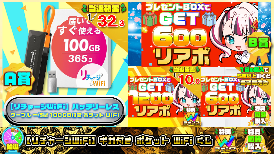 【リチャージWiFi】 ギガ付き ポケット WiFiくじ【６００円】 のメインビジュアル